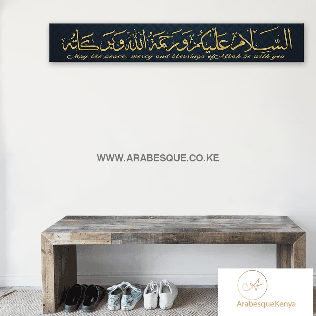 Assalamualaikum Gold Blue Motif Stretched Canvas Frame - Arabesque
