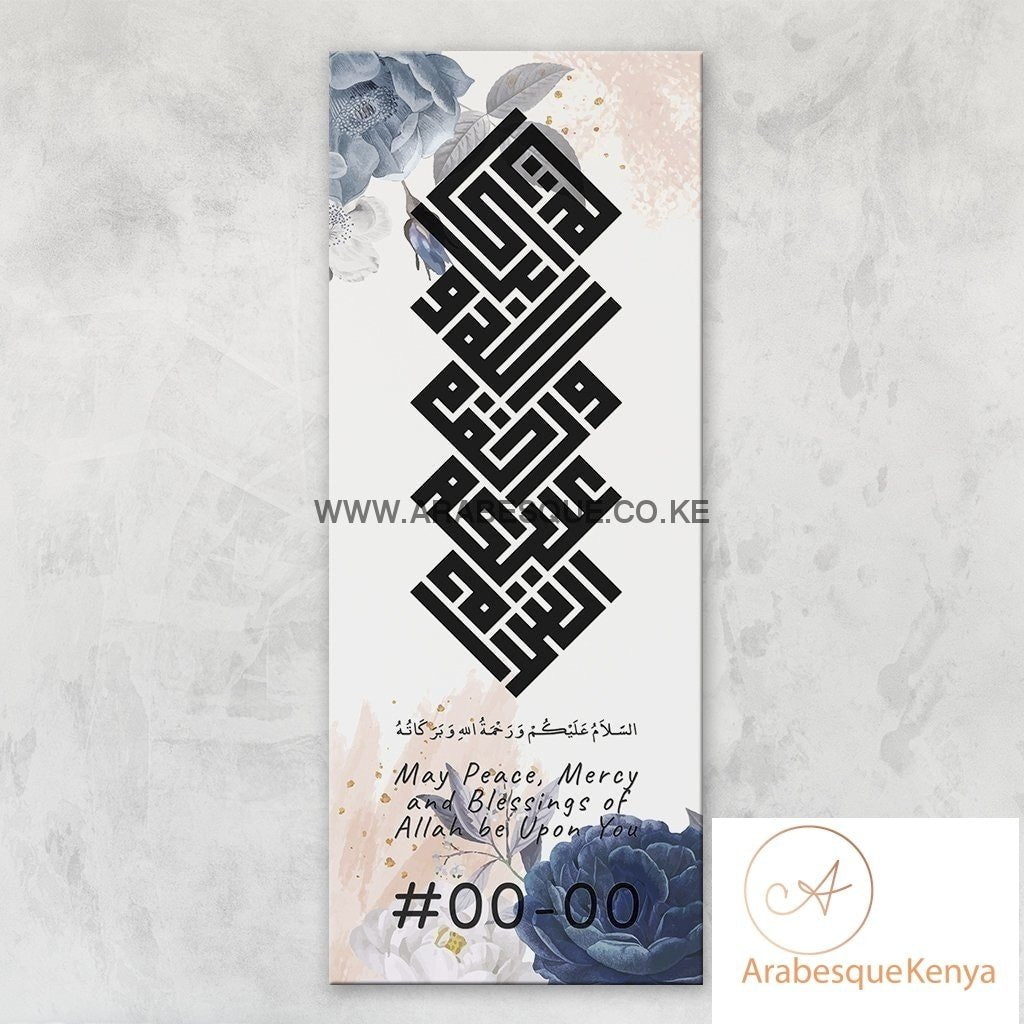 Assalamualaikum Kufi Blue Pastel Flower Stretched Canvas Frame - Arabesque